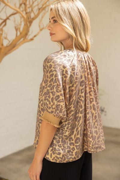 Raglan Puff Sleeve Metallic Animal Print Top