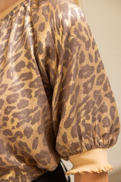 Raglan Puff Sleeve Metallic Animal Print Top