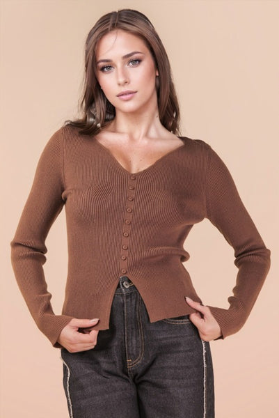 Button Down Fitted Knit Sweater Top - Multiple Colors
