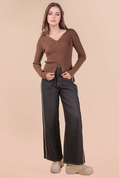 Button Down Fitted Knit Sweater Top - Multiple Colors