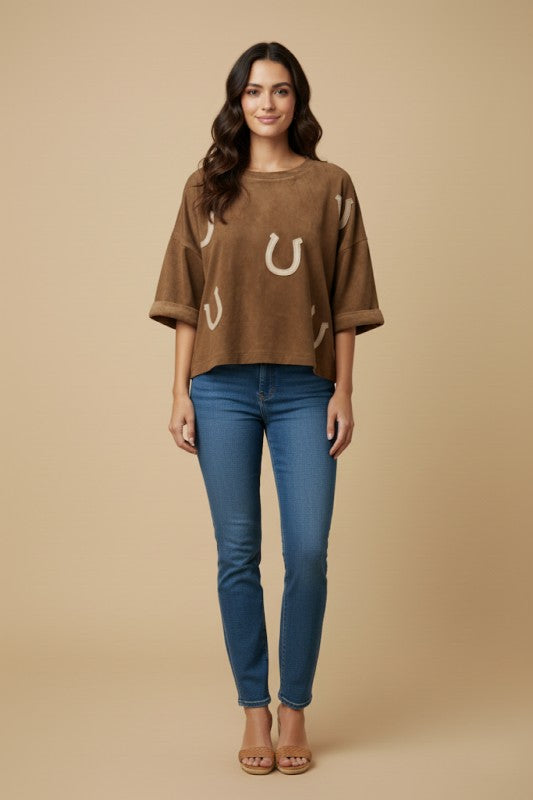 Horseshoe Patch Vegan Suede Top