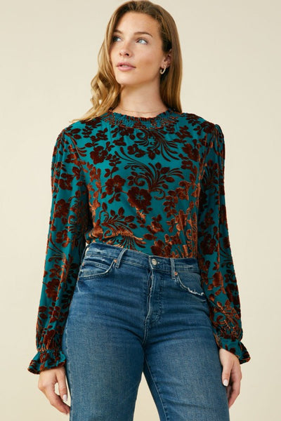 Teal Paisley Burnout Velvet Top