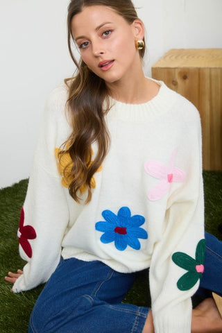 Multi-Color Crochet Floral Detail Knit Sweater