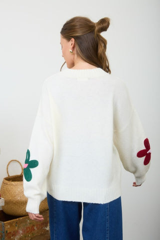 Multi-Color Crochet Floral Detail Knit Sweater
