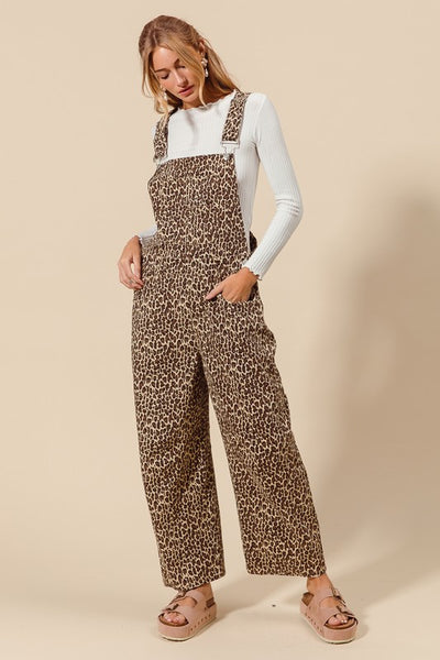Leopard Twill Denim Slouchy Barrel Overalls