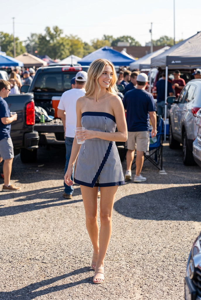 Denim Stripe Romper Wrap Skirt Overlay Short