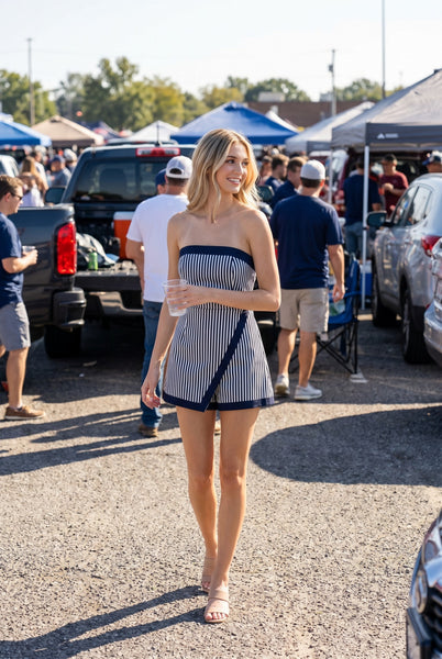 Denim Stripe Romper Wrap Skirt Overlay Short