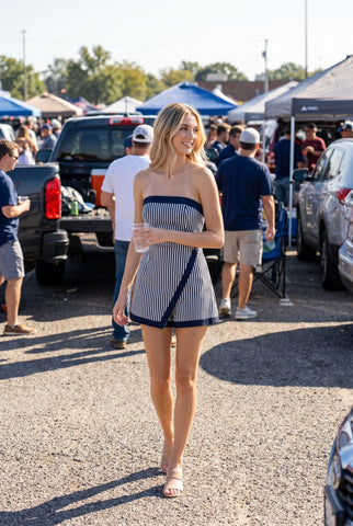 Denim Stripe Romper Wrap Skirt Overlay Short