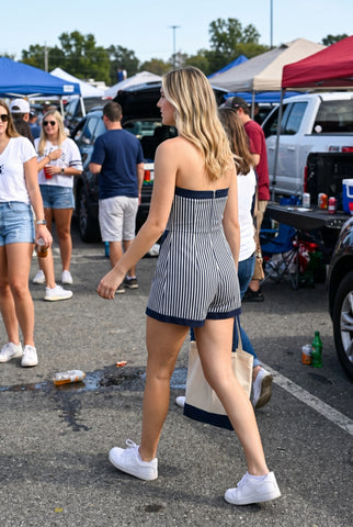 Denim Stripe Romper Wrap Skirt Overlay Short