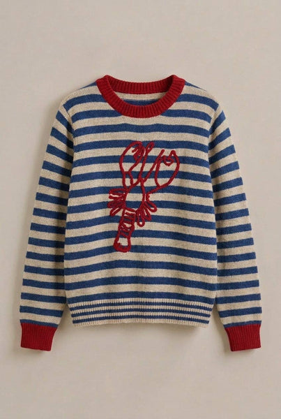 Urban Daizy - Lobster Embroidered Breton Stripe Sweater