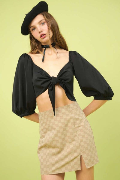 Satin Tie Front Crop Blouse - Black