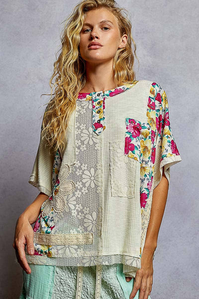 Pol Clothing - Unique Patchwork Lace Floral Knit Short Sleeve Top SALE