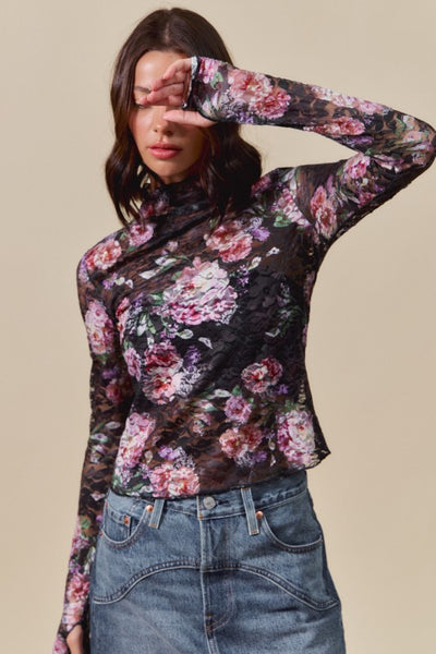 Floral Lace Fitted Top - Black
