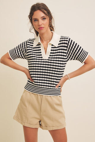 Textured Cotton Collared Striped Sweater Top