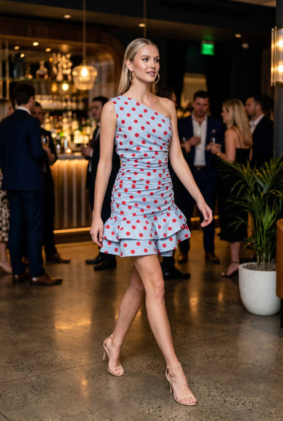 BABY PINK - Asymmetrical ruffle hem dot printed one shoulder mini dress