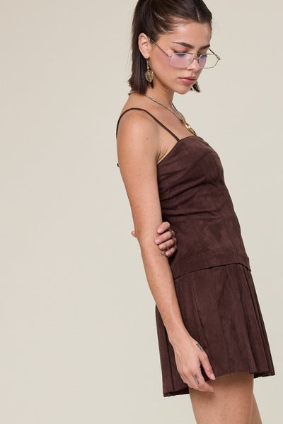 Suede Brown Pleated Mini Dress