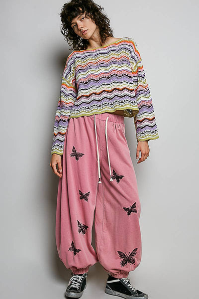 Pol Clothing - Crochet Stripe Scalloped Round Wide-Neck Long Sleeve Top