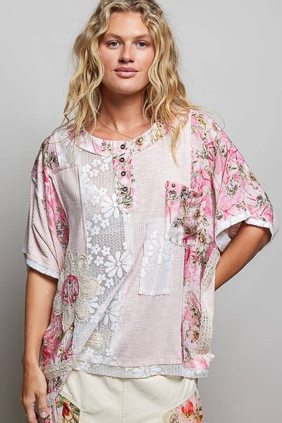 Pol Clothing - Unique Patchwork Lace Floral Knit Short Sleeve Top SALE