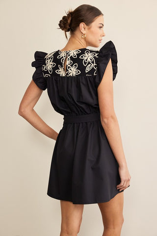Floral Embroidery Contrast Belted Dress