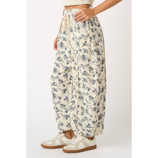 mittoshop - BLUE FLORAL PRINT SEAM DETAIL PULL ON BARREL PANTS