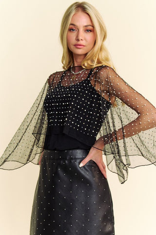 Pearl and Rhinestone Embellished Mesh Topper Cape