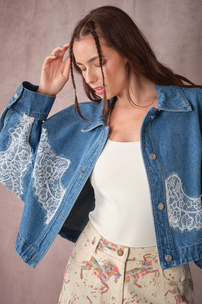 Blue B - 25021J Lace Trim Dolman Denim Jacket