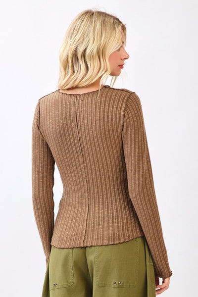 Lettuce Hem Long Sleeve Ribbed Knit Sweater Top