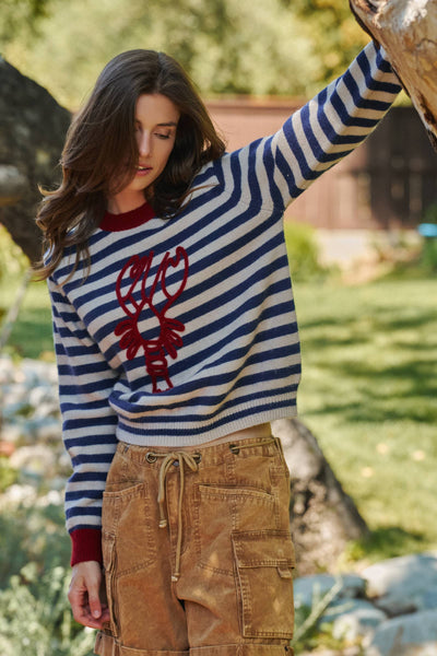 Urban Daizy - Lobster Embroidered Breton Stripe Sweater