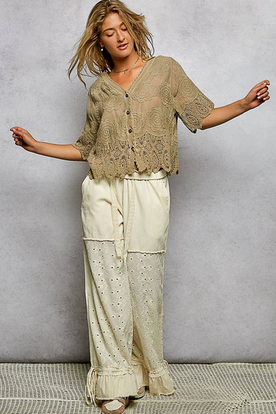 Pol Clothing - Crochet Trim Neckline Short Sleeve Jacket Top