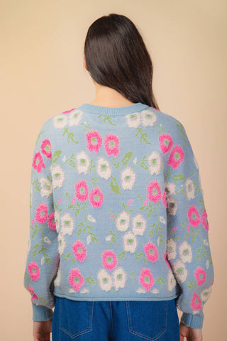 VERY J - 12W3428N-Oversized Floral Textured Printed Knit Sweater Top