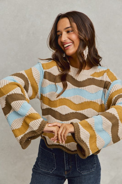 Taupe And Blue Wavy Multi Color Stripe Sweater