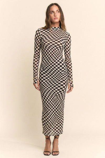 Davi & Dani - CHECKERED OPTICAL ILLUSION MESH MIDI DRESS