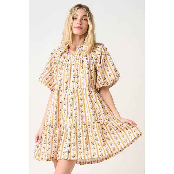 mittoshop - FLORAL STRIPE PRINT TIERED MINI SHIRT DRESS