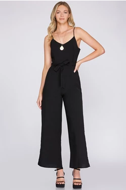 Black Cami Jumpsuit with Waist Tie & Side Slits