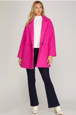 Hot Pink Oversized Double Button Half Length Coat