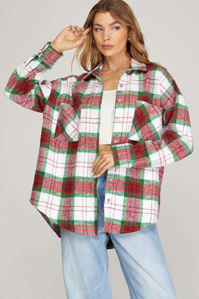 Red And Green Holiday Plaid Shacket With Front Pockets