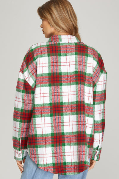 Red And Green Holiday Plaid Shacket With Front Pockets