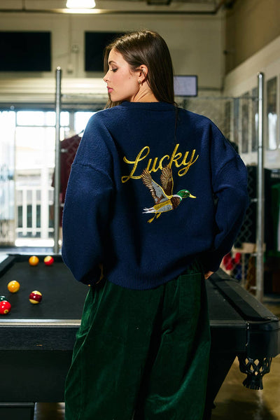 BUCKETLIST INC - IJ3212-LUCKYDUCK | Embroidered "Lucky Duck" V-Neck Cardigan