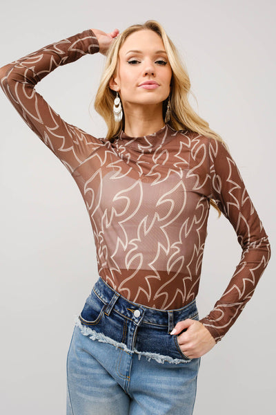 Blue B - 36349T - Boots Stitch Throughout Mesh Mock Neck Fitted Top