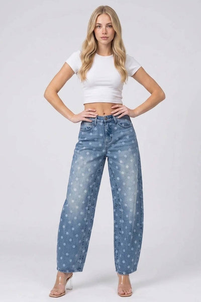 SAIGE DENIM - P8380M-HIGH RISE LOW CURVE BARREL WITH DOT PRINT