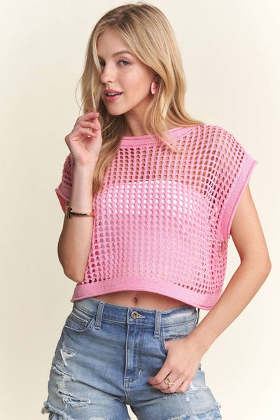 Pink Drop Shoulder Crochet Crop Top