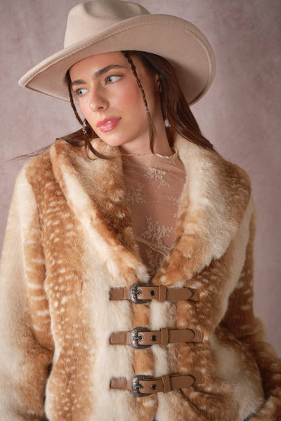 Blue B - 25004J Buckled Deer Print Faux Fur Jacket