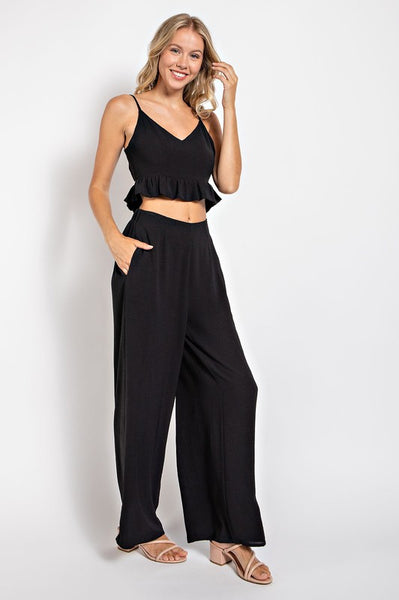 Cropped Ruffle Top & Wide Leg Pants Set - Black