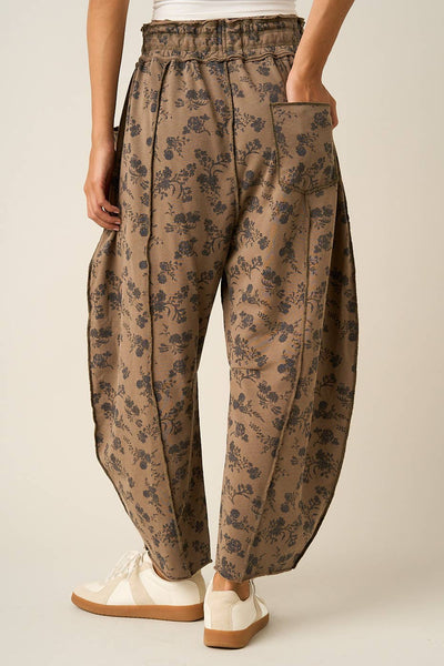 mittoshop - BLUE FLORAL PRINT SEAM DETAIL PULL ON BARREL PANTS