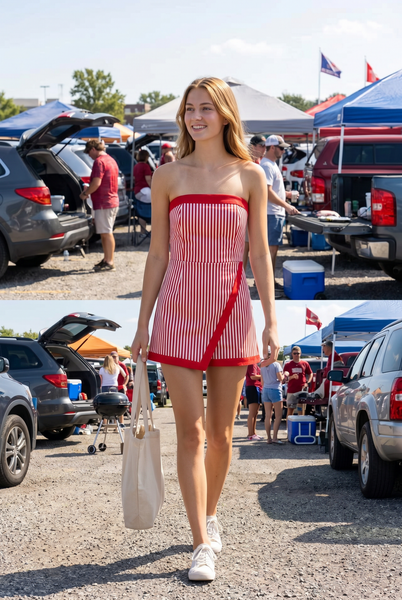 Cotton denim stripe tube romper with wrap skirt