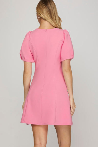 V Neck Dress With Front Bow Detail - Pink