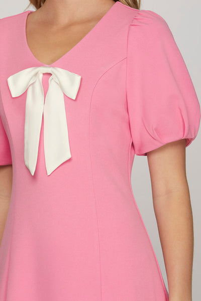 V Neck Dress With Front Bow Detail - Pink