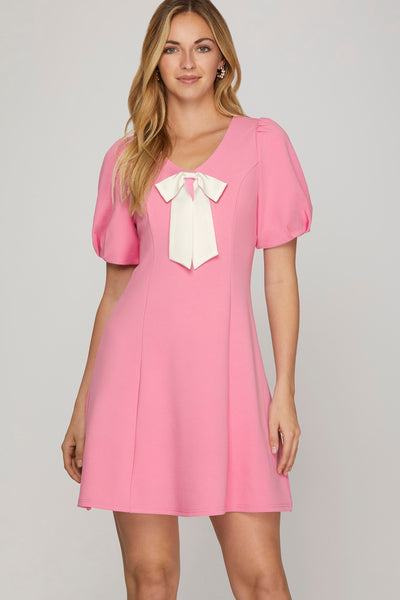 V Neck Dress With Front Bow Detail - Pink