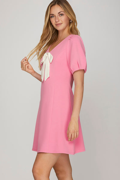 V Neck Dress With Front Bow Detail - Pink