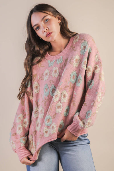 VERY J - 12W3428N-Oversized Floral Textured Printed Knit Sweater Top